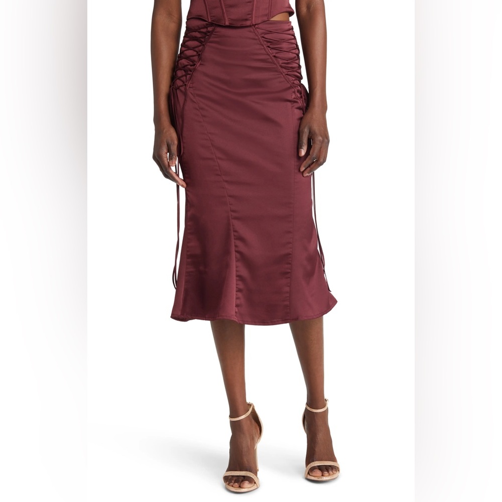 NWT Sidonie Lace-Up Satin Trumpet Midi Skirt in Wine